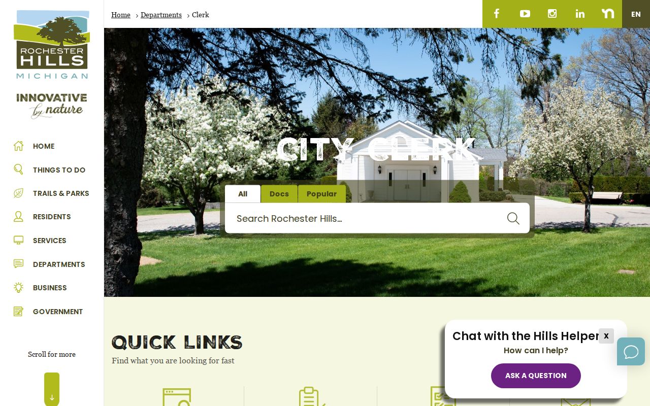 Rochester Hills residents directory City Clerk records page