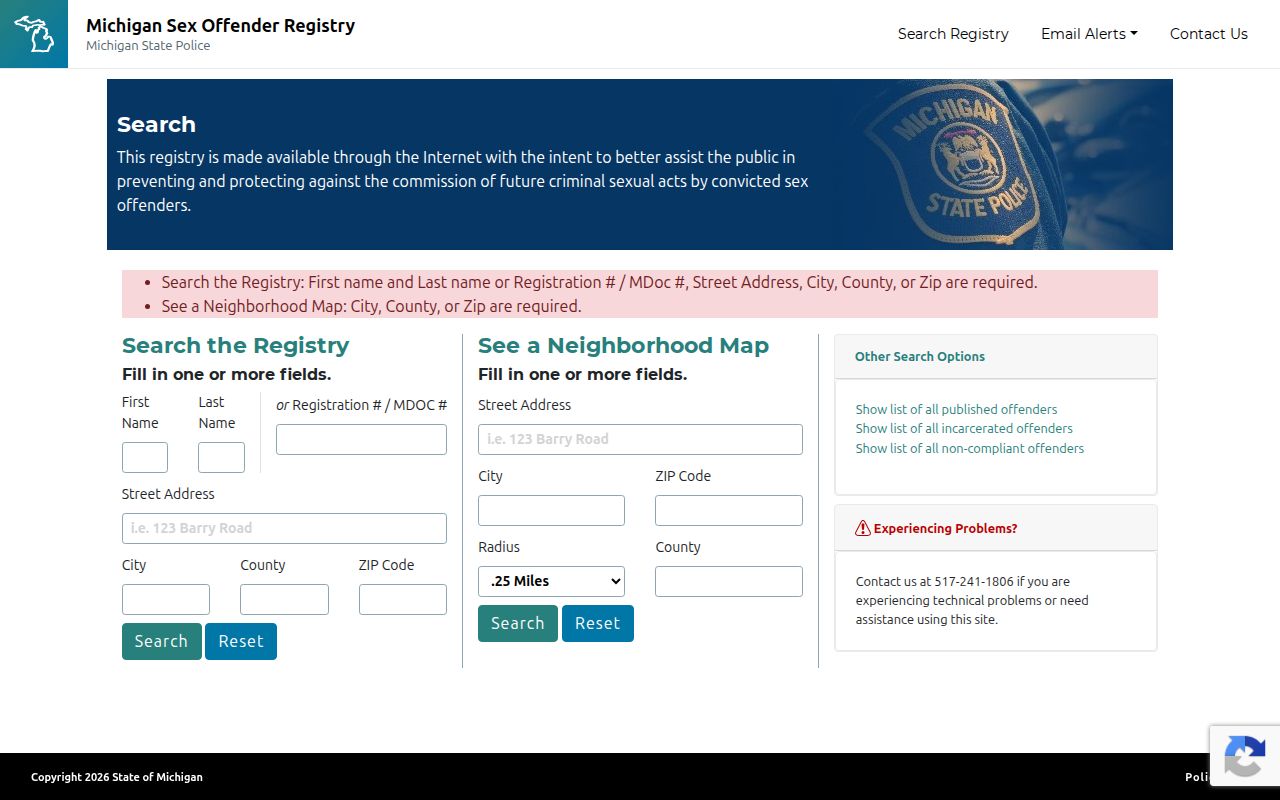 Rochester Hills resident lookup Michigan PSOR registry search fields
