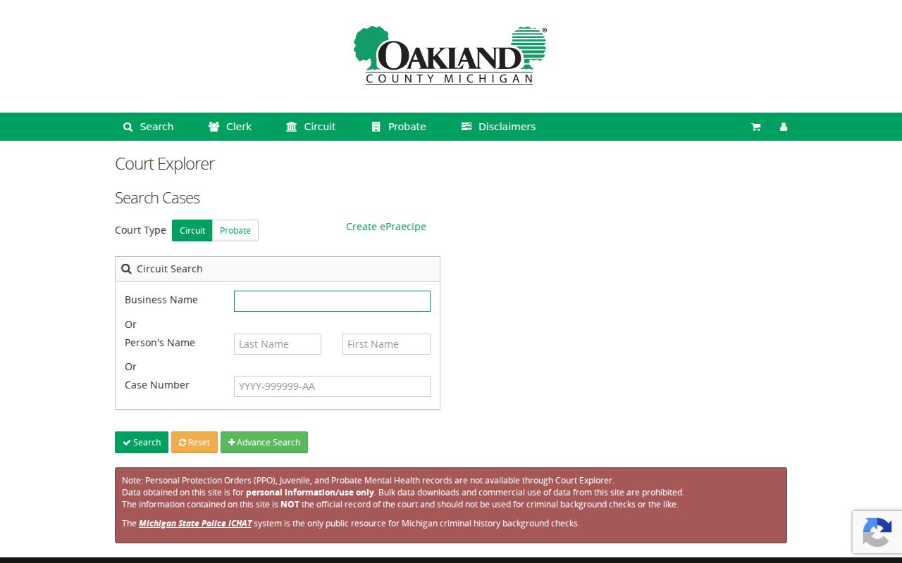 Rochester Hills resident lookup Oakland County Court Explorer search fields